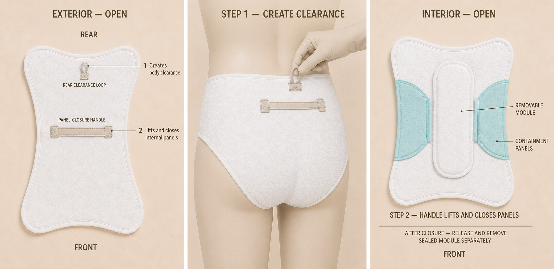 Corrected three-panel SaniBottoms guide: the upper rear-clearance loop creates body clearance, the separate lower handle lifts and closes the internal panels, and the sealed module is released and removed separately